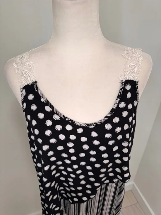 Tank Top Polka Dot & Vertical Stripe Lace-Trim Straps - Black/White Relaxed Fit - Picture 5 of 14